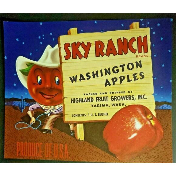 Highland Fruit Growers Other - Vintage Sky Ranch Original 1940s Yakima, WA Apples Crate Label WS8D